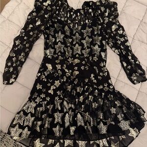 LoveShackFancy Black Long-Sleeve Star-Embroidered Ruffled Dress
